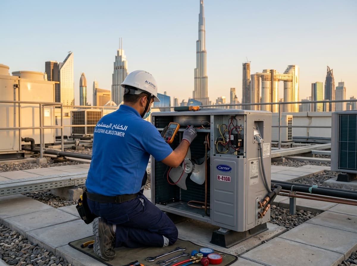 Alkefah Almustamer AC technician servicing air conditioner unit with Dubai skyline